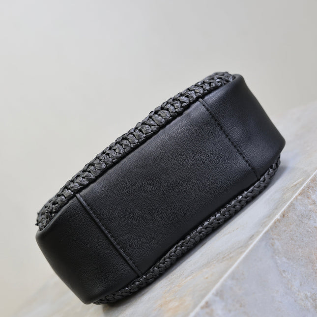 YSL 25S LE 5 À 7 SUPPLE SMALL 16 IN BLACK RAFFIA AND LEATHER GOLD HARDWARE