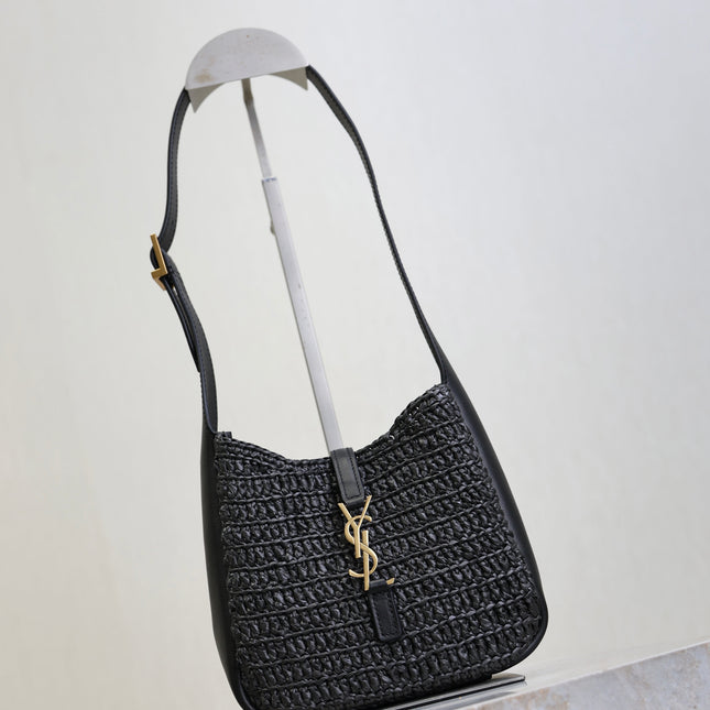 YSL 25S LE 5 À 7 SUPPLE SMALL 16 IN BLACK RAFFIA AND LEATHER GOLD HARDWARE