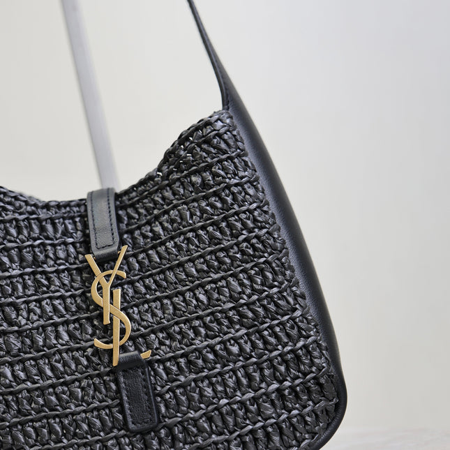 YSL 25S LE 5 À 7 SUPPLE SMALL 16 IN BLACK RAFFIA AND LEATHER GOLD HARDWARE