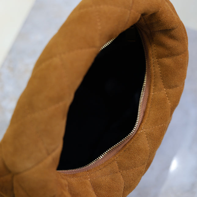 YSL 25S ICARINO MINI 17 IN CARAMEL QUILTED SUEDE GOLD HARDWARE