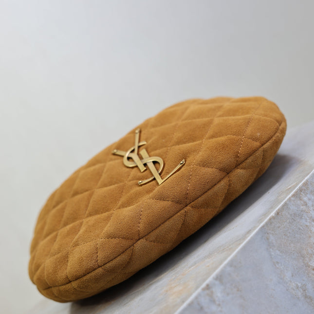 YSL 25S ICARINO MINI 17 IN CARAMEL QUILTED SUEDE GOLD HARDWARE