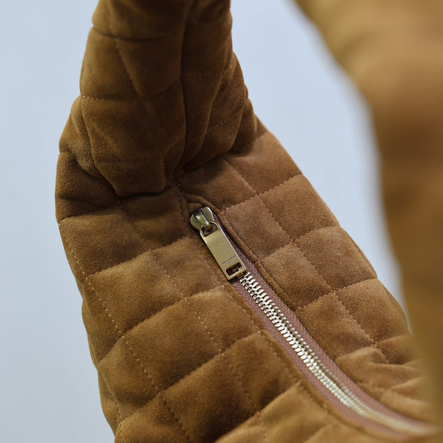 YSL 25S ICARINO 44 IN CARAMEL QUILTED SUEDE GOLD HARDWARE