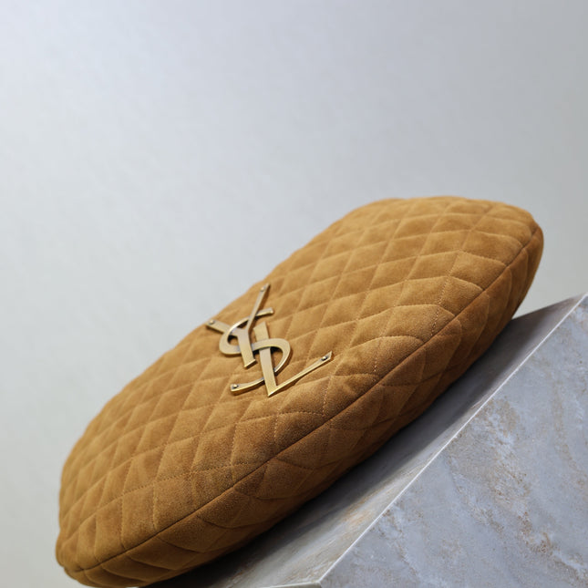 YSL 25S ICARINO 44 IN CARAMEL QUILTED SUEDE GOLD HARDWARE