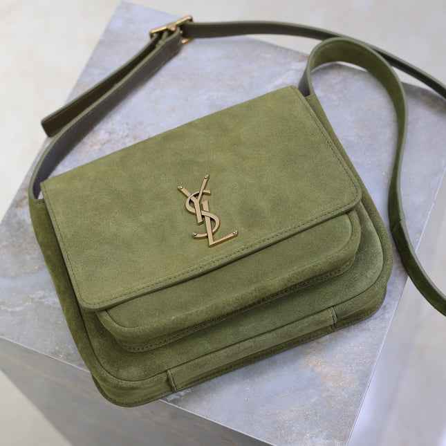 YSL 25S NIKI SATCHEL 22 IN BARLEY GREEN SUEDE GOLD HARDWARE