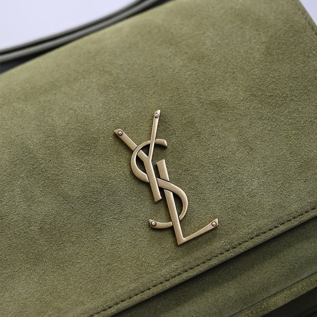 YSL 25S NIKI SATCHEL 22 IN BARLEY GREEN SUEDE GOLD HARDWARE