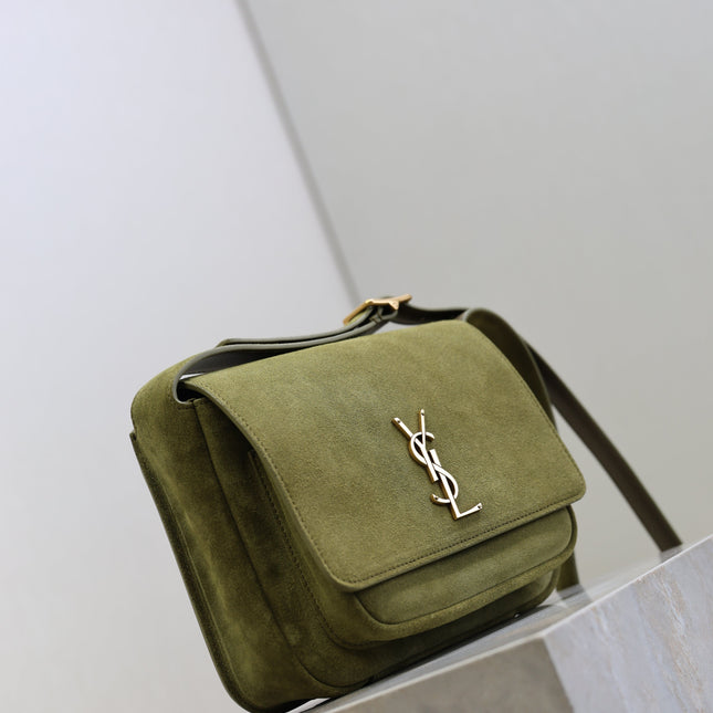 YSL 25S NIKI SATCHEL 22 IN BARLEY GREEN SUEDE GOLD HARDWARE