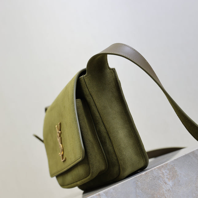 YSL 25S NIKI SATCHEL 22 IN BARLEY GREEN SUEDE GOLD HARDWARE