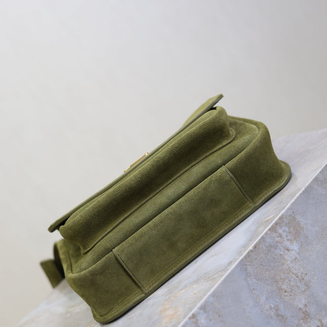 YSL 25S NIKI SATCHEL 22 IN BARLEY GREEN SUEDE GOLD HARDWARE