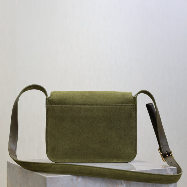 YSL 25S NIKI SATCHEL 22 IN BARLEY GREEN SUEDE GOLD HARDWARE