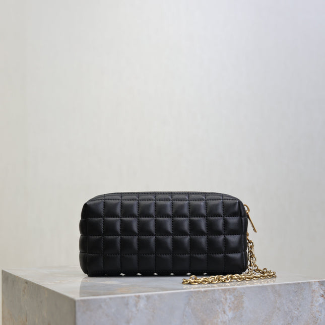 YSL 25S CASSANDRE MATELASSÉ CARRÉ POUCH ON CHAIN 18 IN BLACK LAMBSKIN