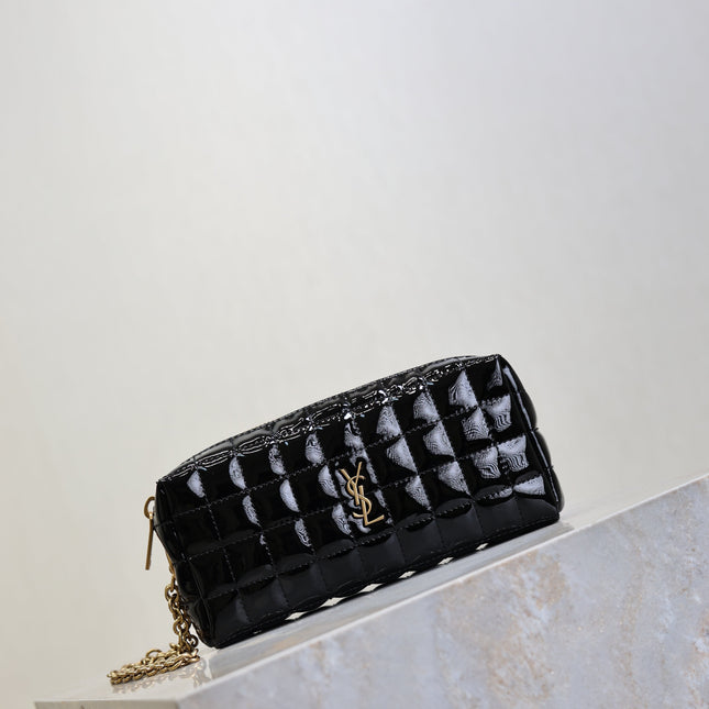 YSL 25S CASSANDRE MATELASSÉ CARRÉ POUCH ON CHAIN 18 IN BLACK SHINY CALFSKIN