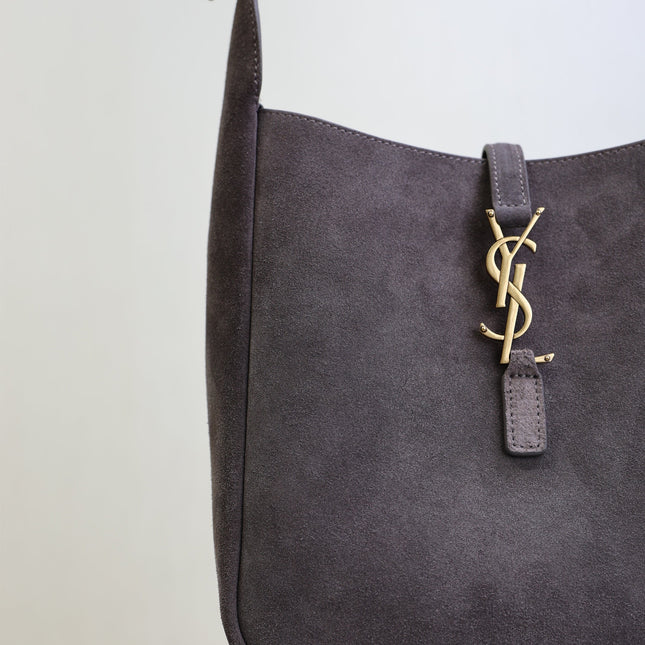 YSL 25S LE 5 À 7 SUPPLE SMALL 23 IN DARK GRAY SUEDE GOLD HARDWARE