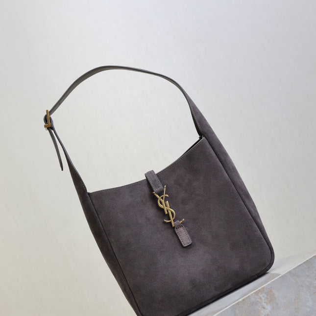 YSL 25S LE 5 À 7 SUPPLE SMALL 23 IN DARK GRAY SUEDE GOLD HARDWARE