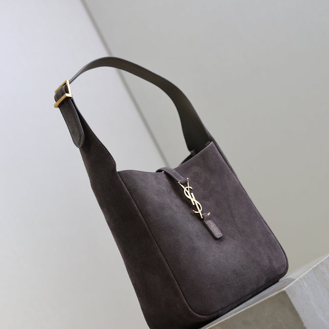 YSL 25S LE 5 À 7 SUPPLE SMALL 23 IN DARK GRAY SUEDE GOLD HARDWARE
