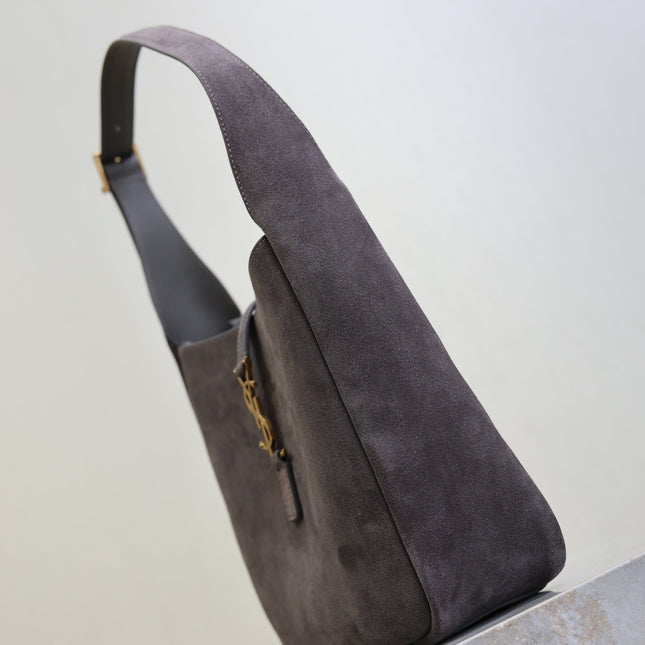 YSL 25S LE 5 À 7 SUPPLE SMALL 23 IN DARK GRAY SUEDE GOLD HARDWARE