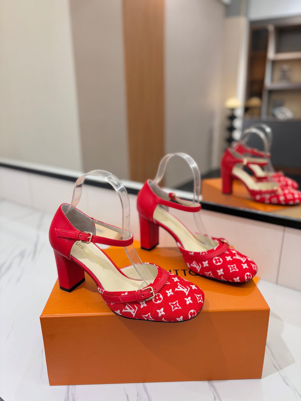 HIGH SANDALS 8 CM IN CHERRY RED MONOGRAM DENIM