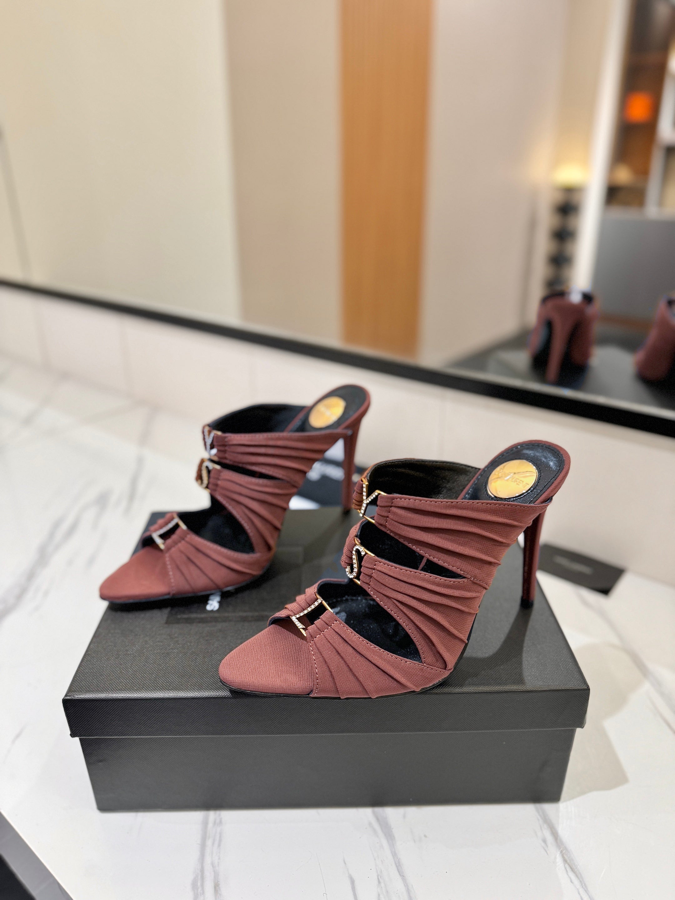 YSL 26S HEELED SANDALS 100 MM IN DARK BROWN FABRIC