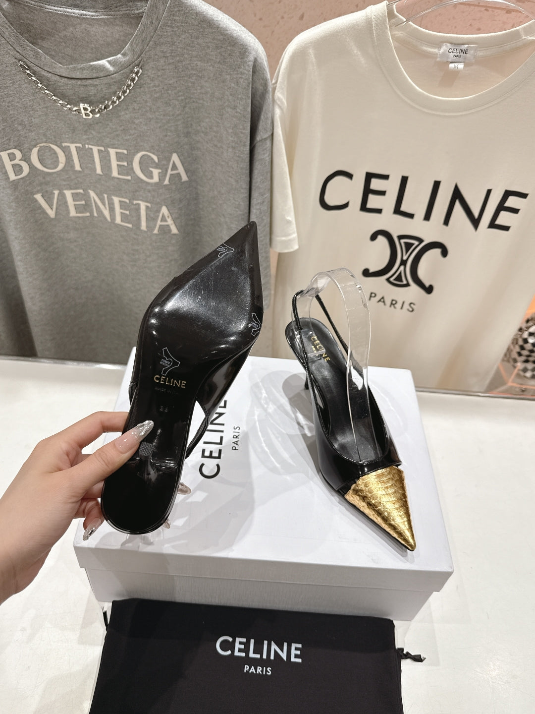 JUDY CAP TOE SLINGBACK 65MM IN BLACK SHINY CALFSKIN AND GOLD SNAKE EMBOSSED LEATHER