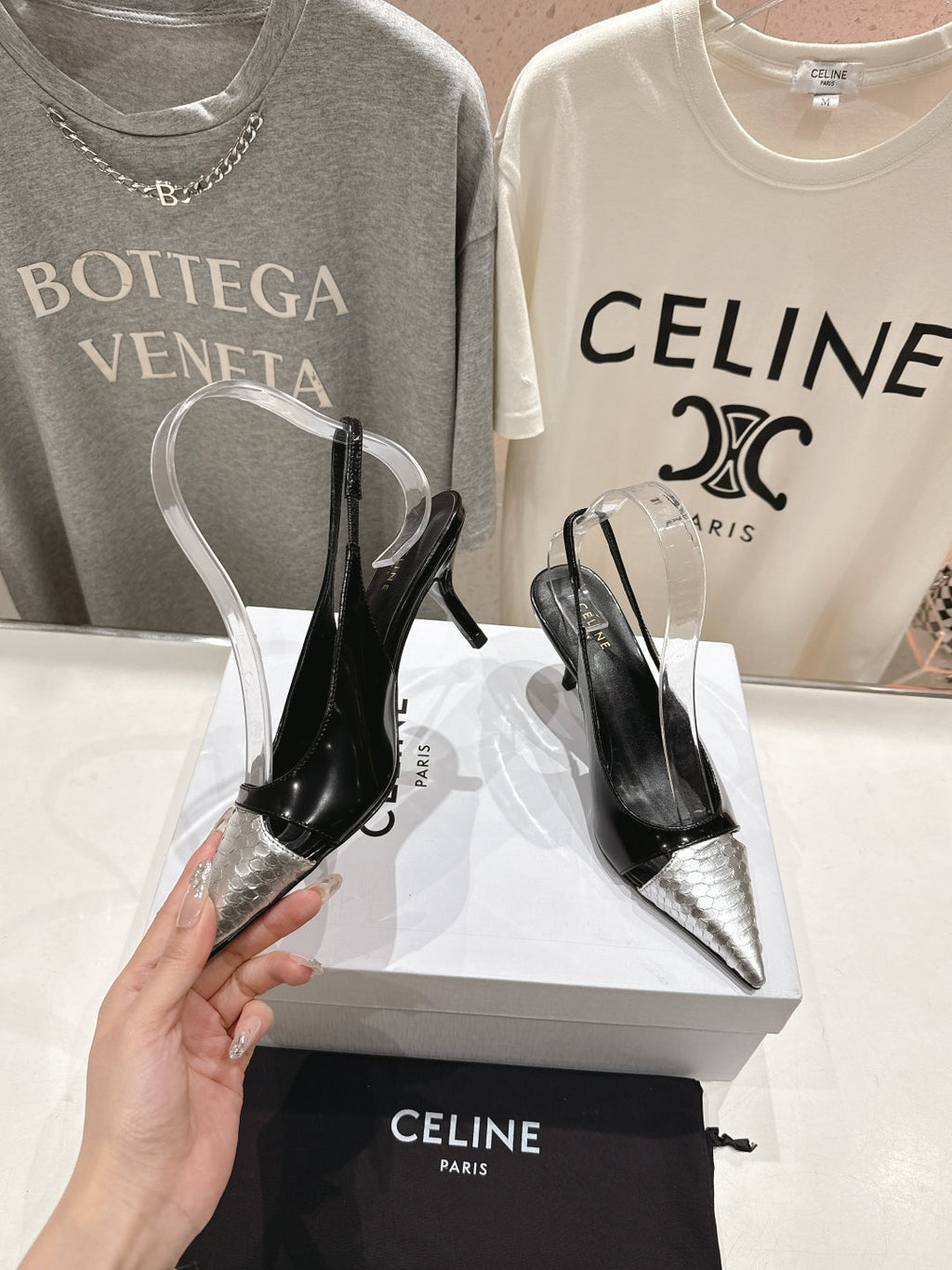 JUDY CAP TOE SLINGBACK 65MM IN BLACK SHINY CALFSKIN AND SILVER SNAKE EMBOSSED LEATHER