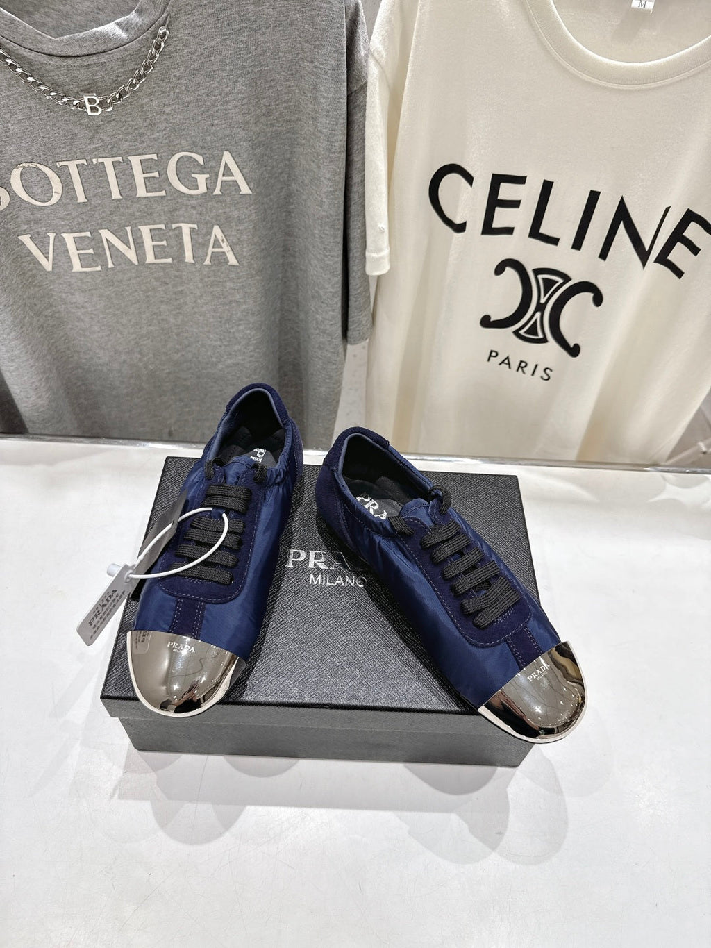 PRADA 25S COLLAPSE RE NYLON AND SUEDE SNEAKERS IN DARK BLUE WITH METAL TOECAP