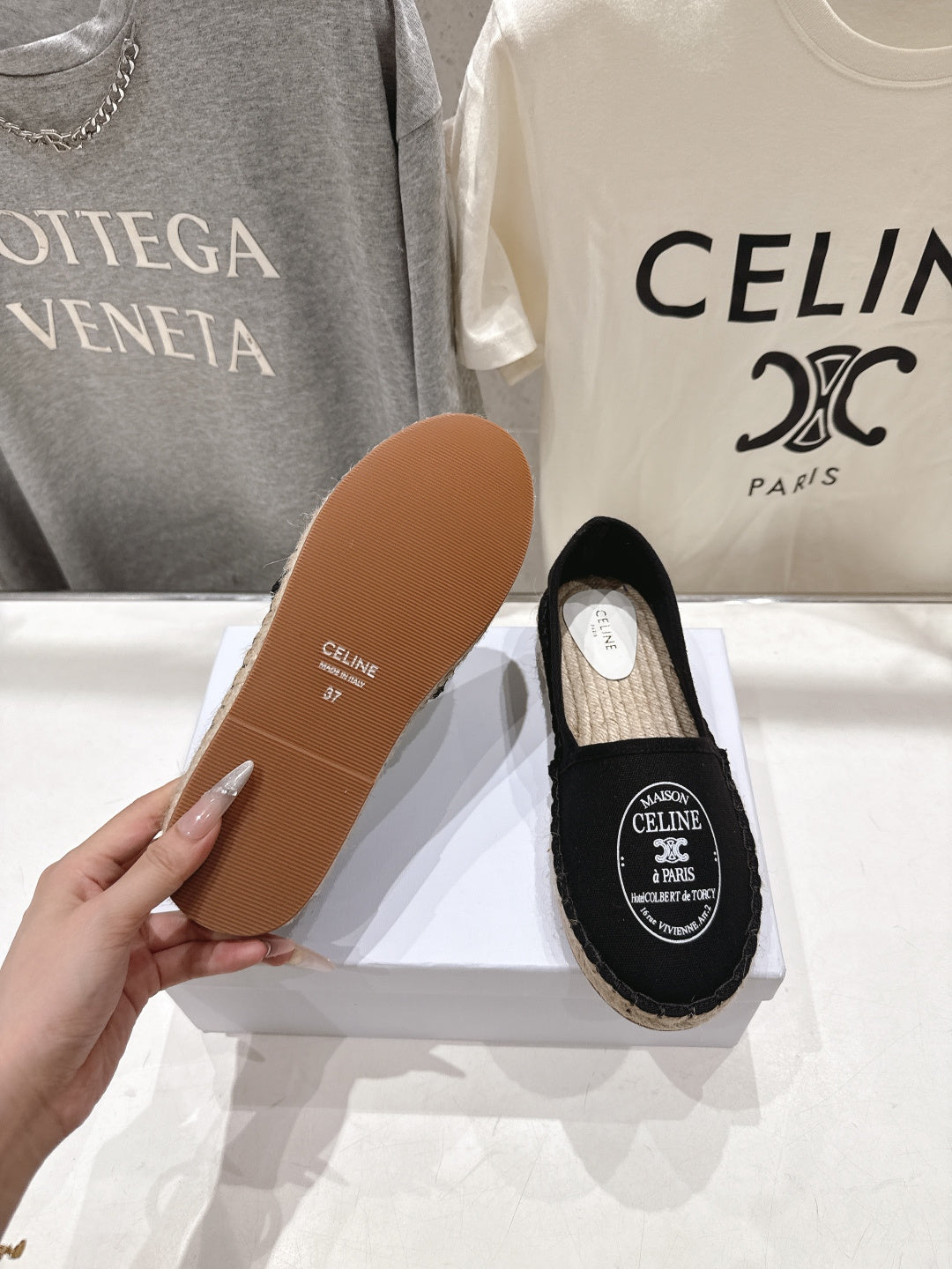 CELINE 26S MAISON PARIS EMBLEM ESPADRILLE FLATS IN BLACK CANVAS
