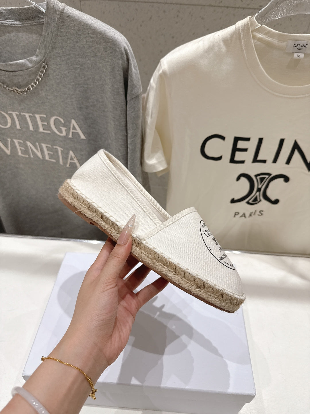 CELINE 26S MAISON PARIS EMBLEM ESPADRILLE FLATS IN IVORY WHITE CANVAS