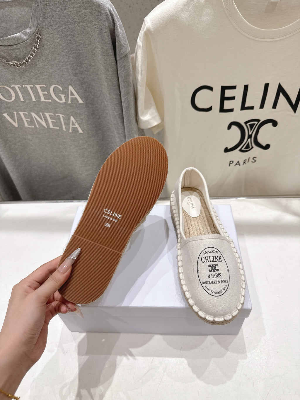 CELINE 26S MAISON PARIS EMBLEM ESPADRILLE FLATS IN IVORY WHITE CANVAS