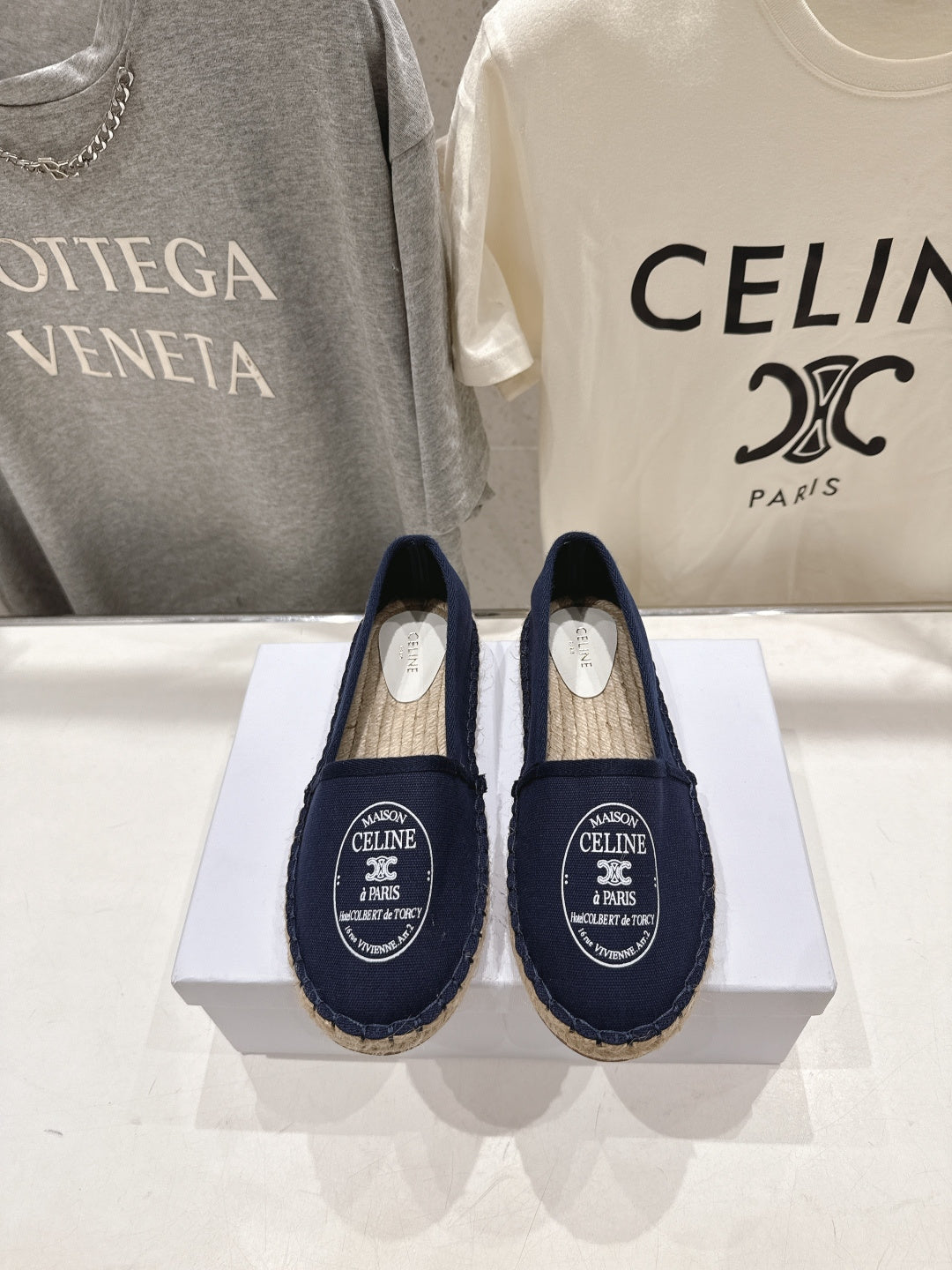 CELINE 26S MAISON PARIS EMBLEM ESPADRILLE FLATS IN NAVY BLUE CANVAS