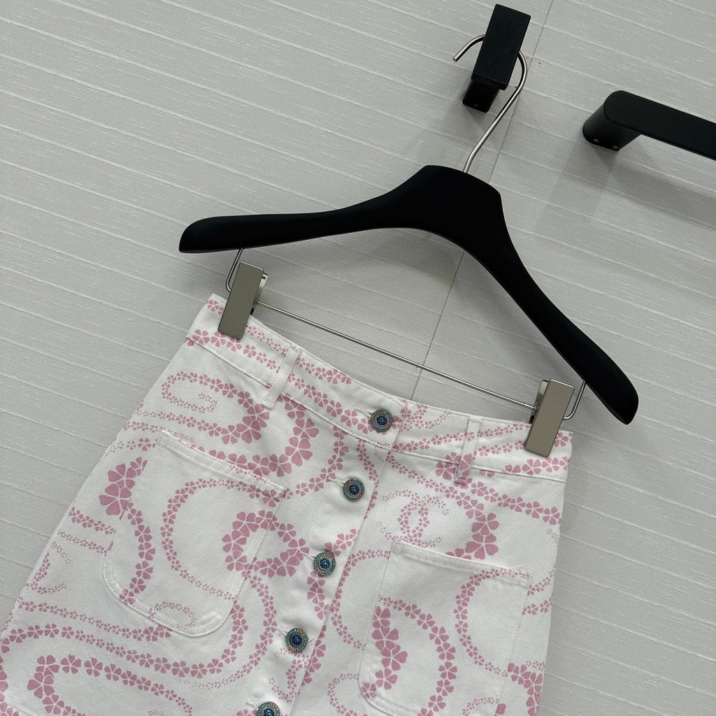 CC 25 Printed Denim Single-breasted Short Skirt Pink White Cotton