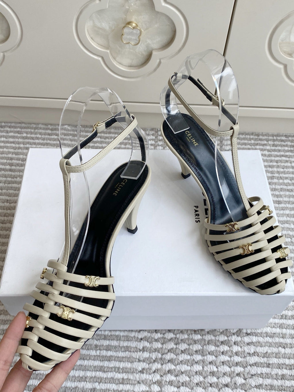 CELINE 26S CLEA TRIOMPHE GLADIATOR HEEL SANDALS 60 MM IN BEIGE LAMBSKIN