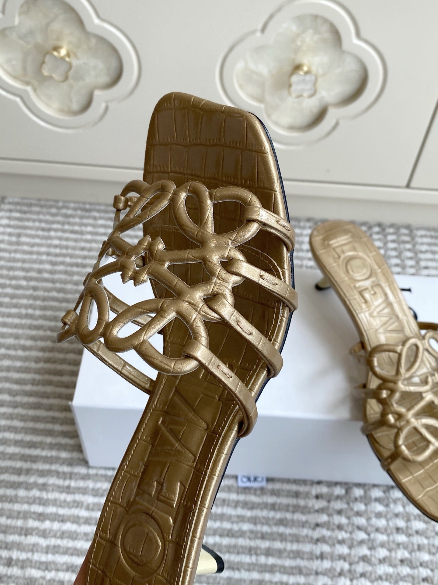 LOEWE 26S HIGH HEEL SANDALS 45MM IN GOLD CROC-EMBOSSED CALFSKIN