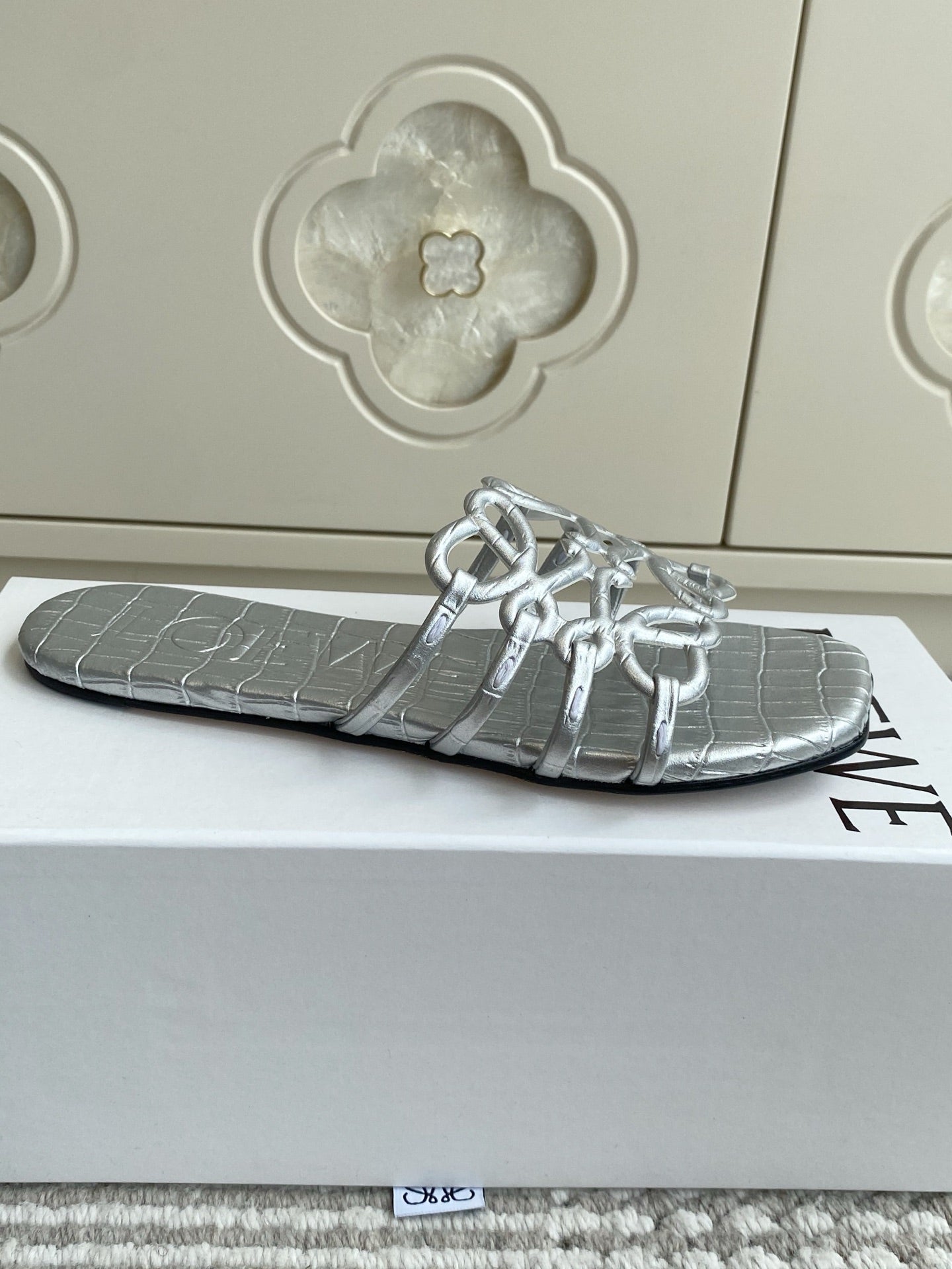 LOEWE 26S SLIDE SANDALS IN SILVER CROC-EMBOSSED CALFSKIN