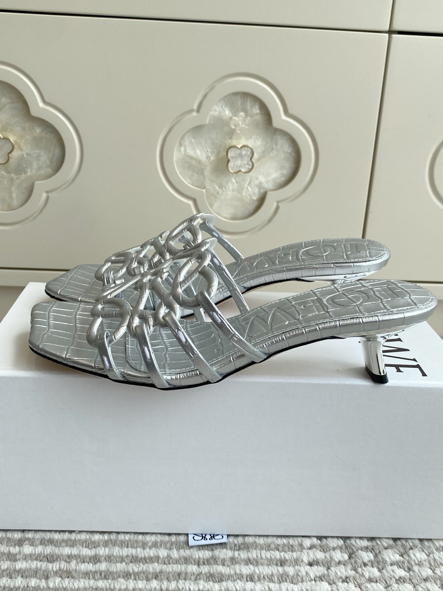 LOEWE 26S HIGH HEEL SANDALS 45MM IN SILVER CROC-EMBOSSED CALFSKIN