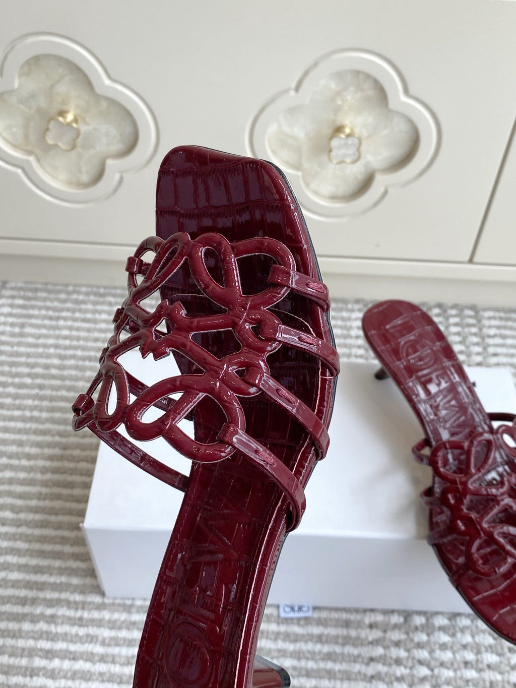 LOEWE 26S HIGH HEEL SANDALS 45MM IN BURGUNDY RED CROC-EMBOSSED PATENT CALFSKIN