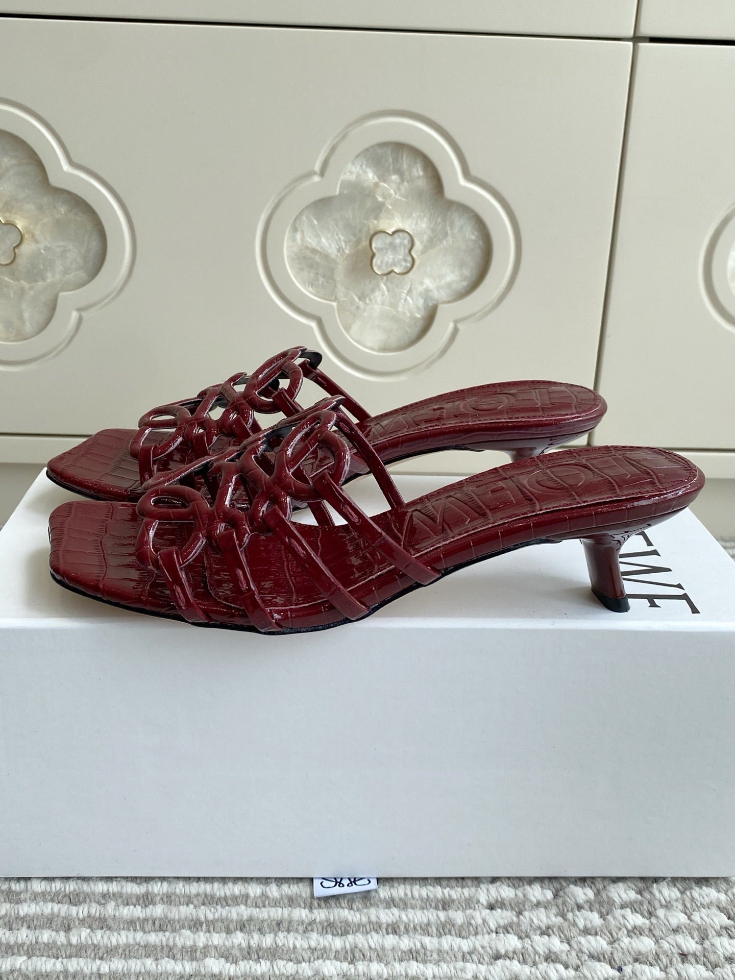 LOEWE 26S HIGH HEEL SANDALS 45MM IN BURGUNDY RED CROC-EMBOSSED PATENT CALFSKIN