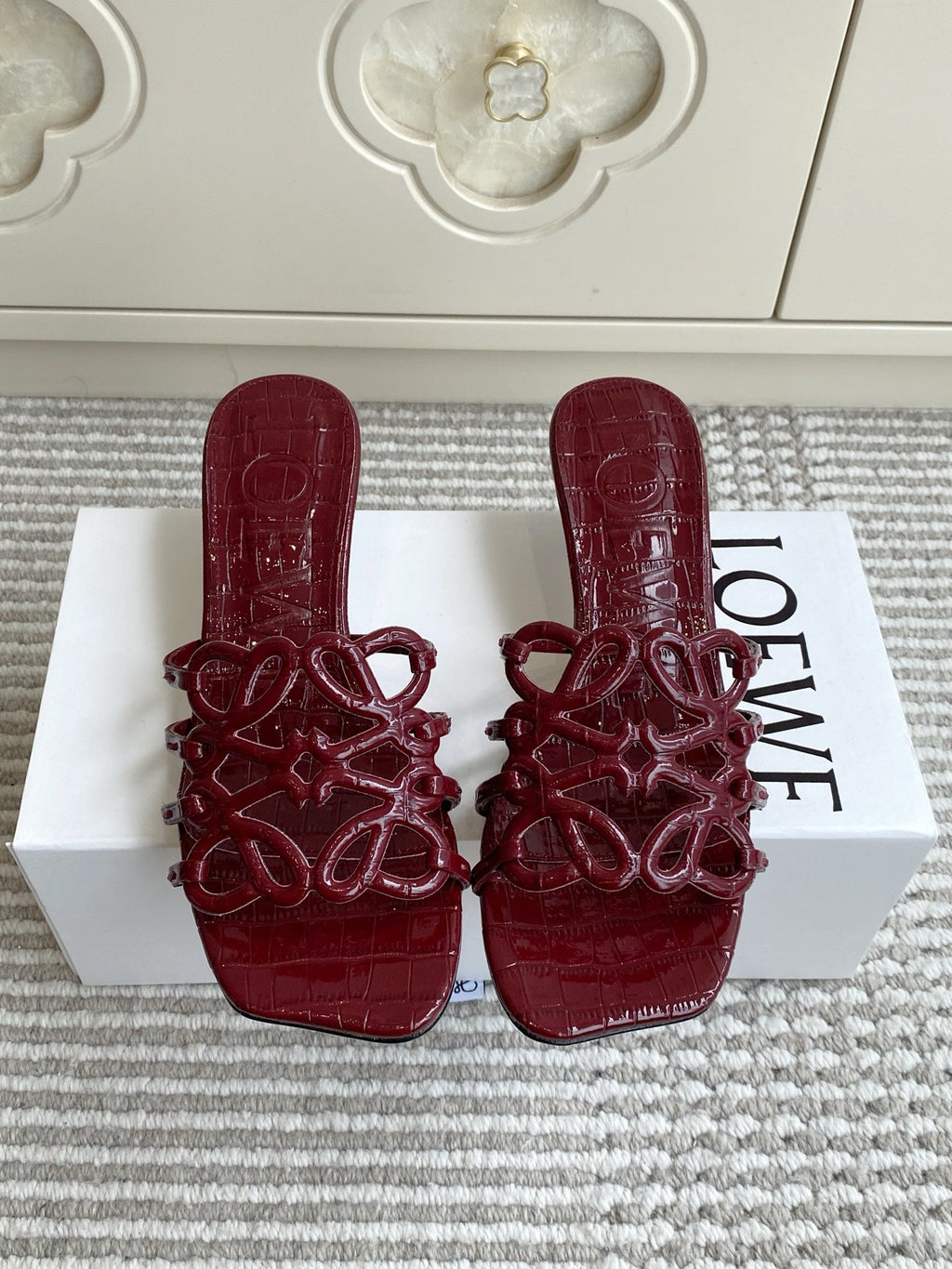 LOEWE 26S HIGH HEEL SANDALS 45MM IN BURGUNDY RED CROC-EMBOSSED PATENT CALFSKIN