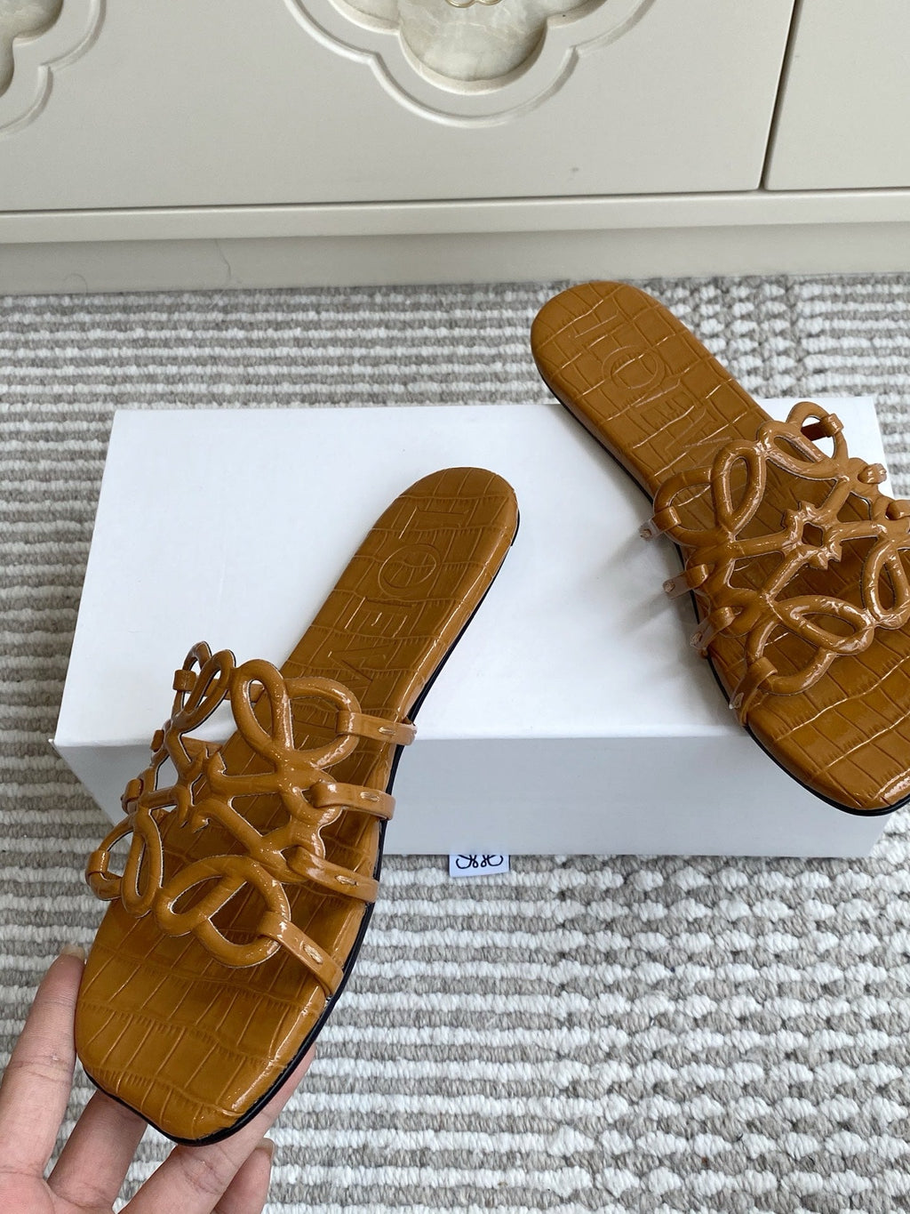 LOEWE 26S SLIDE SANDALS IN CARAMEL BROWN CROC-EMBOSSED PATENT CALFSKIN
