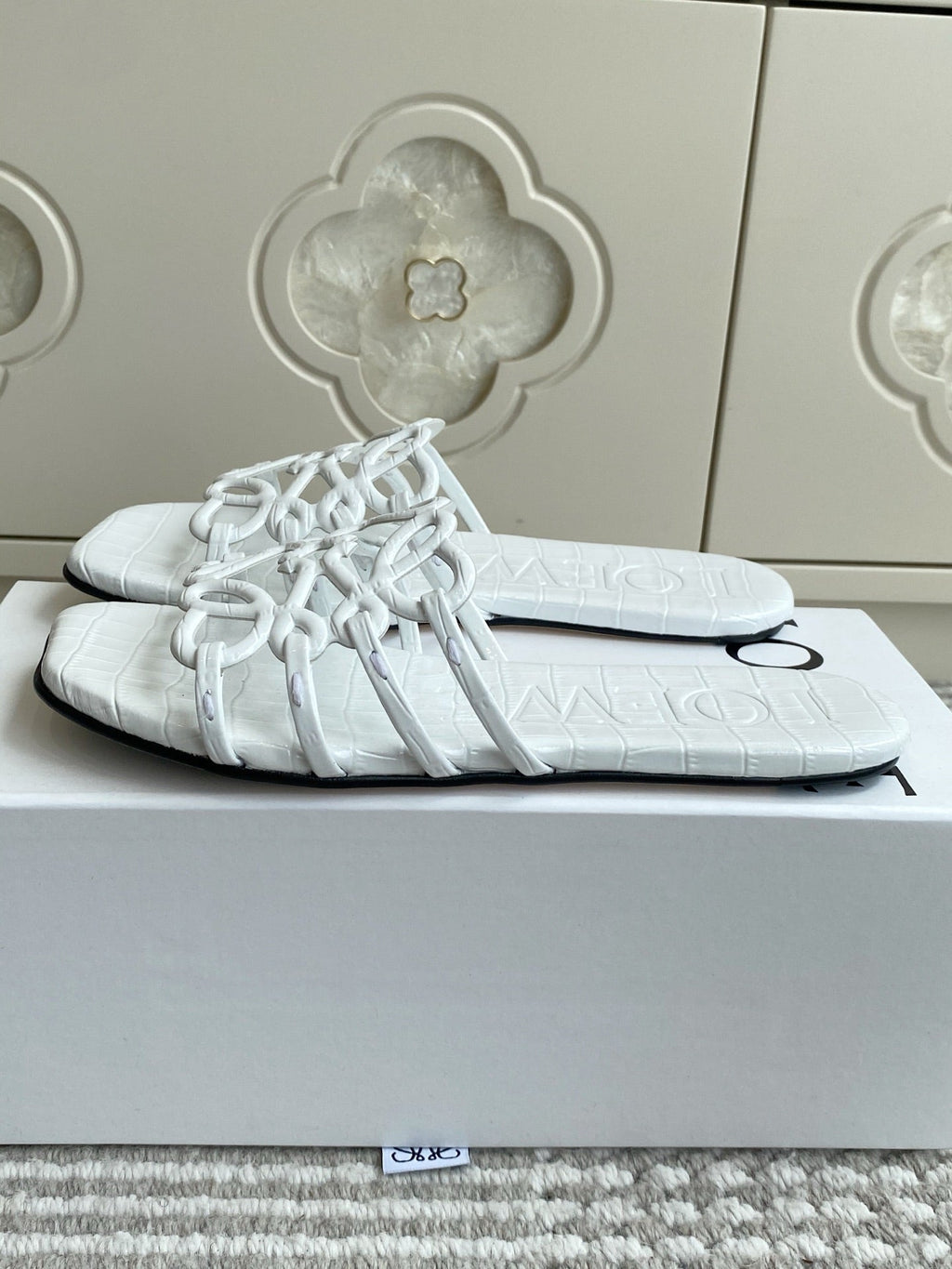 LOEWE 26S SLIDE SANDALS IN WHITE CROC-EMBOSSED CALFSKIN