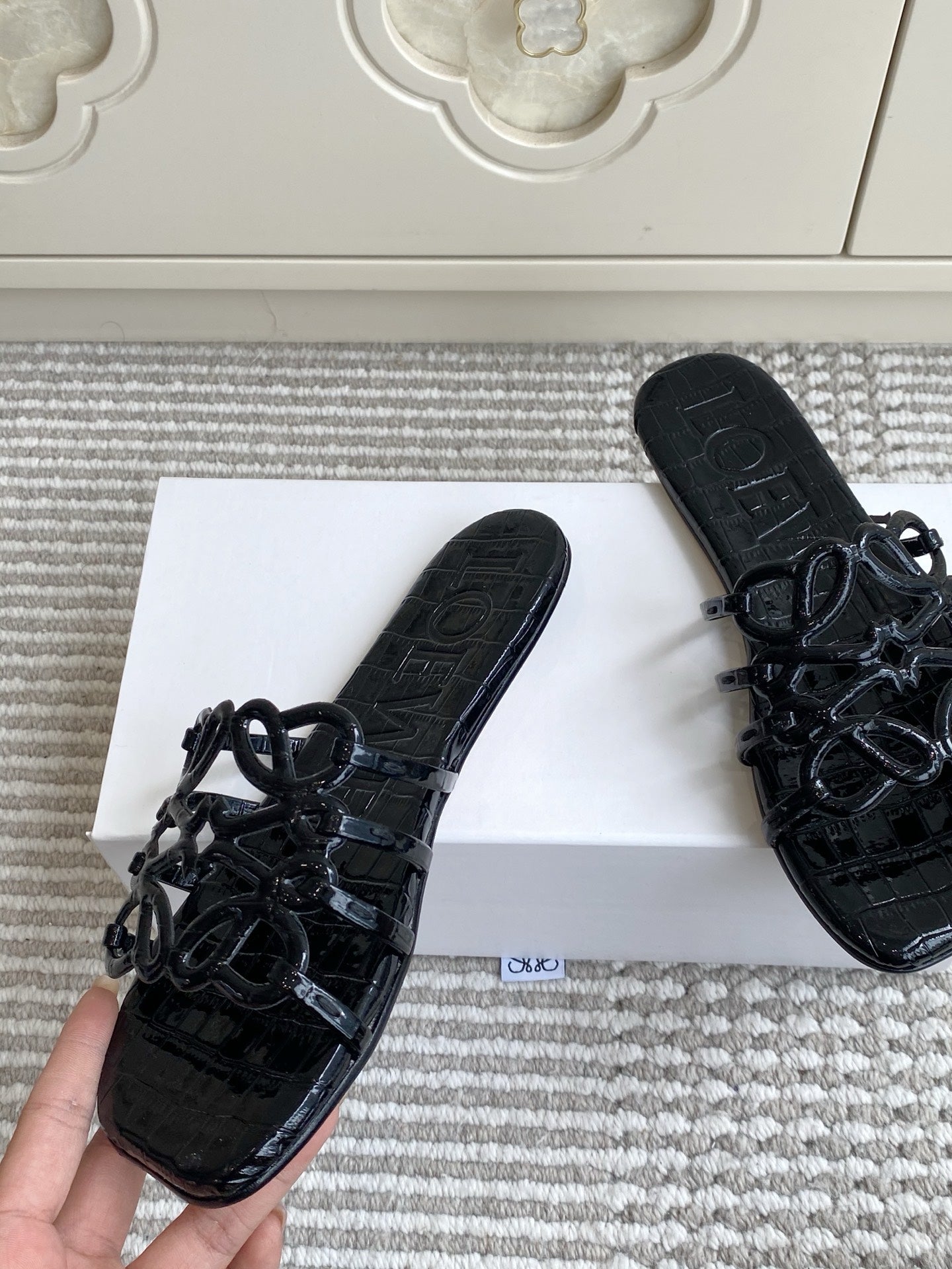 LOEWE 26S SLIDE SANDALS IN BLACK CROC-EMBOSSED PATENT CALFSKIN