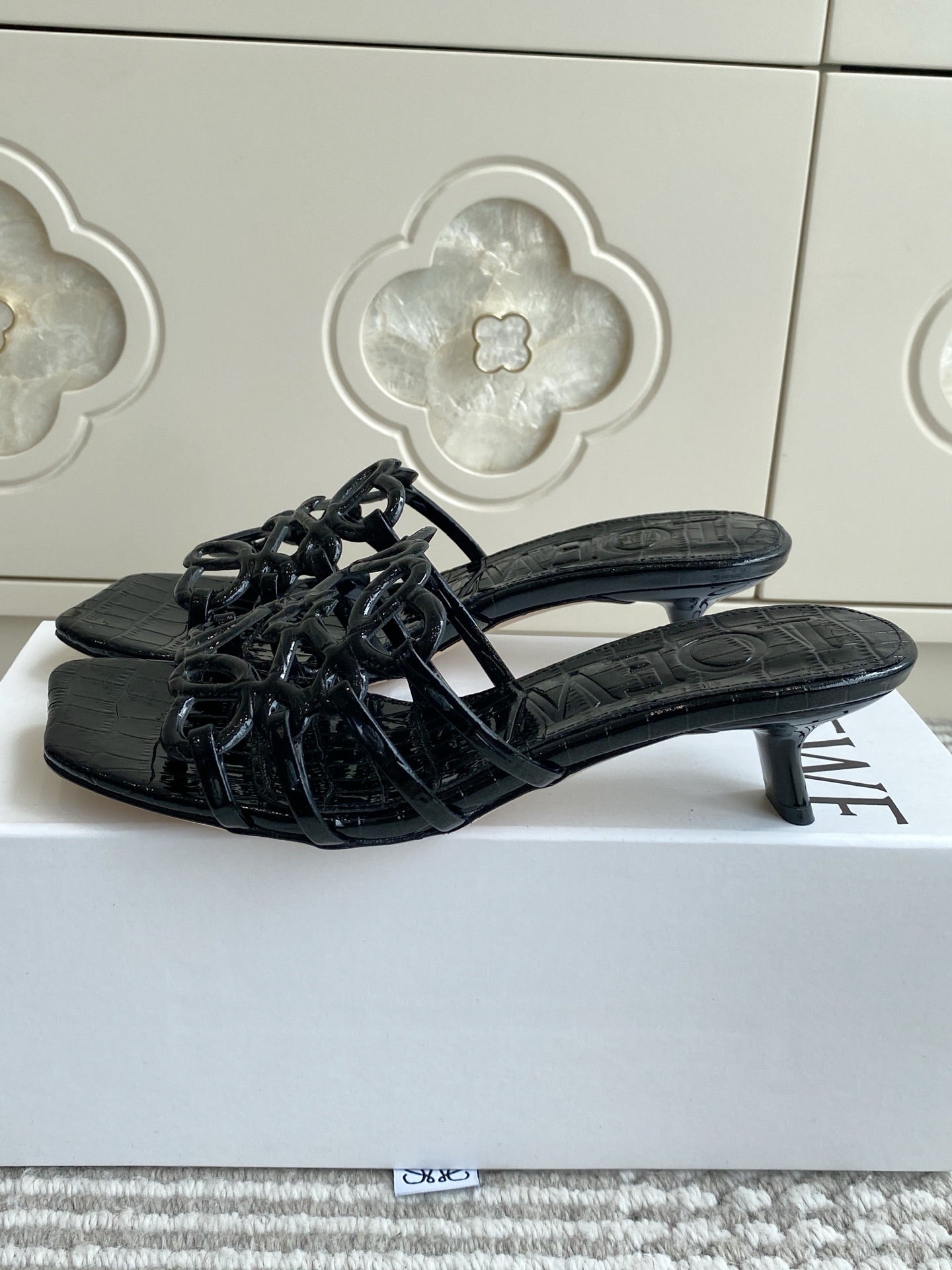 LOEWE 26S HIGH HEEL SANDALS 45MM IN BLACK CROC-EMBOSSED PATENT CALFSKIN