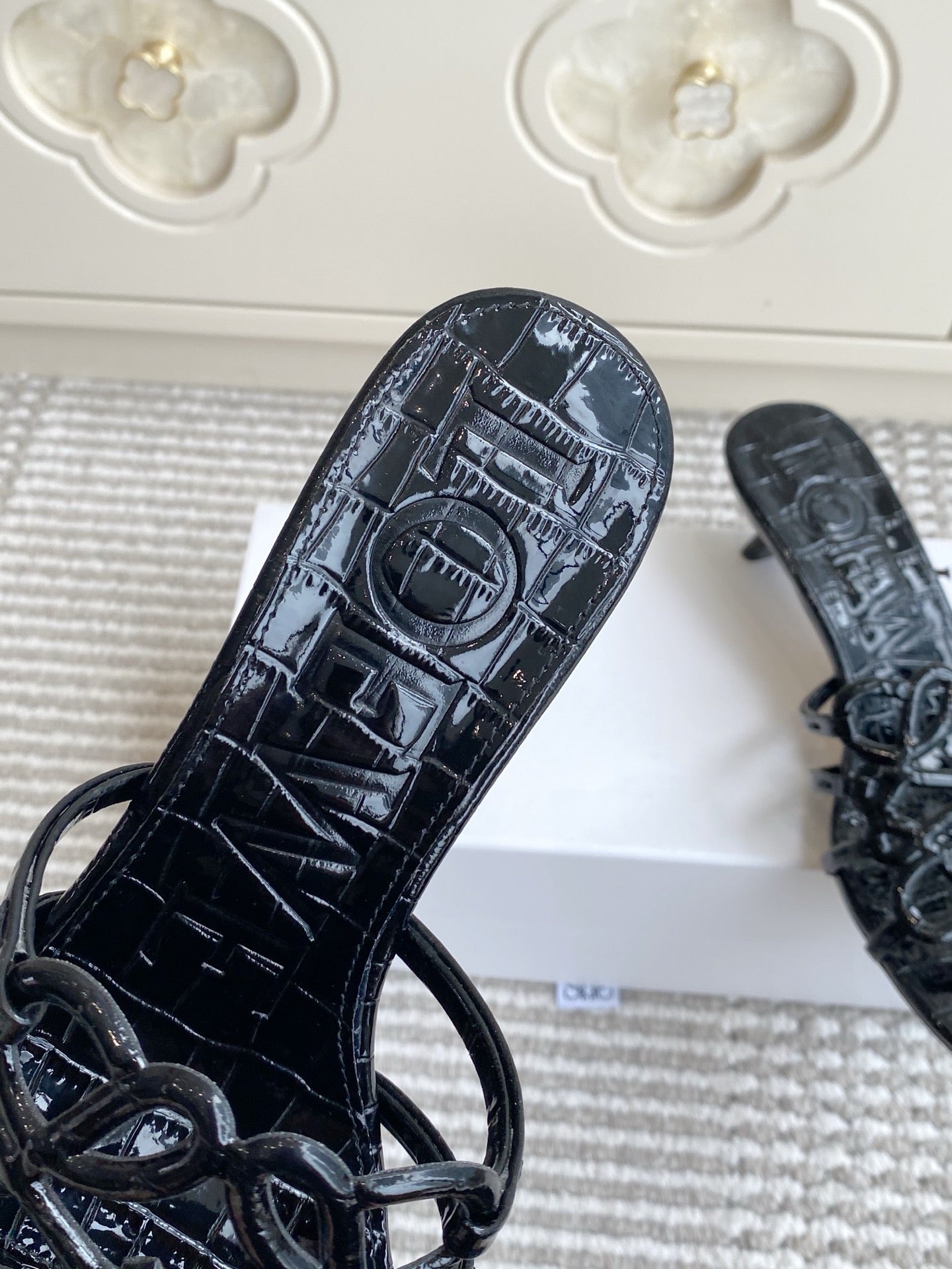 LOEWE 26S HIGH HEEL SANDALS 45MM IN BLACK CROC-EMBOSSED PATENT CALFSKIN