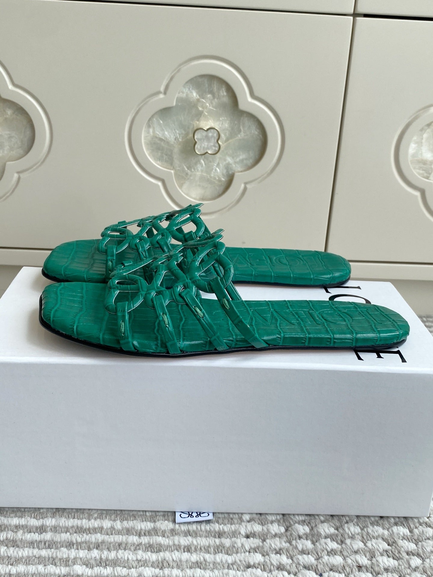 LOEWE 26S SLIDE SANDALS IN GREEN CROC-EMBOSSED CALFSKIN