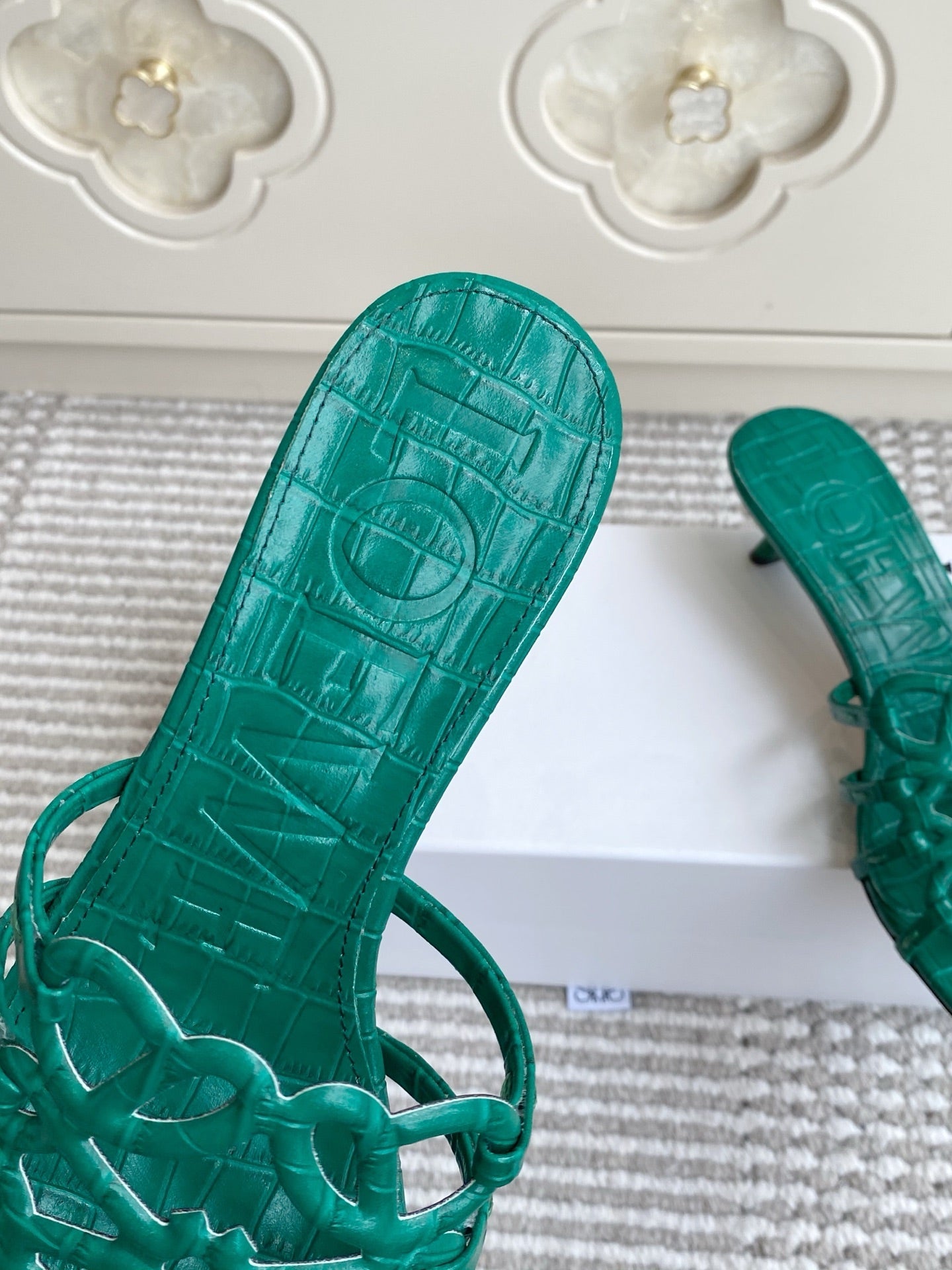 LOEWE 26S HIGH HEEL SANDALS 45MM IN GREEN CROC-EMBOSSED CALFSKIN