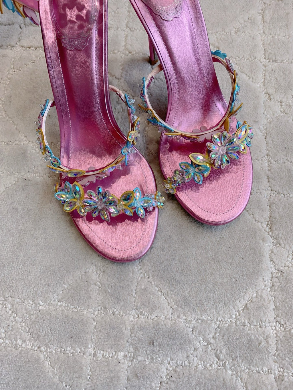 RENE CAOVILLA 26S HEEL SANDALS 95 MM IN METALLIC PINK LAMBSKIN CRYSTAL FLOWER EMBELLISHMENTS