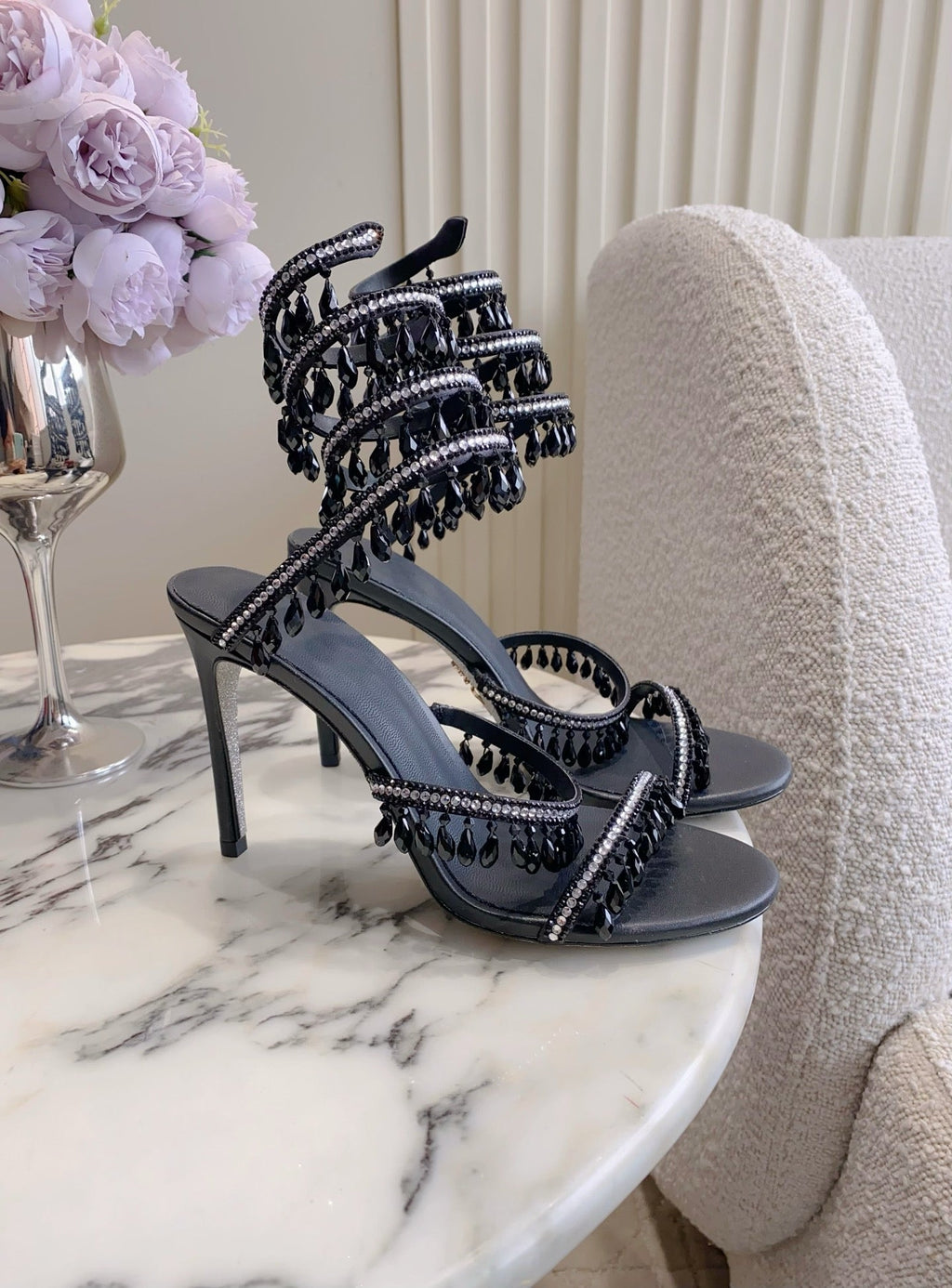 RENE CAOVILLA 26S CLEO HIGH HEELS SANDALS 95 MM IN BLACK LAMBSKIN STYLE 8