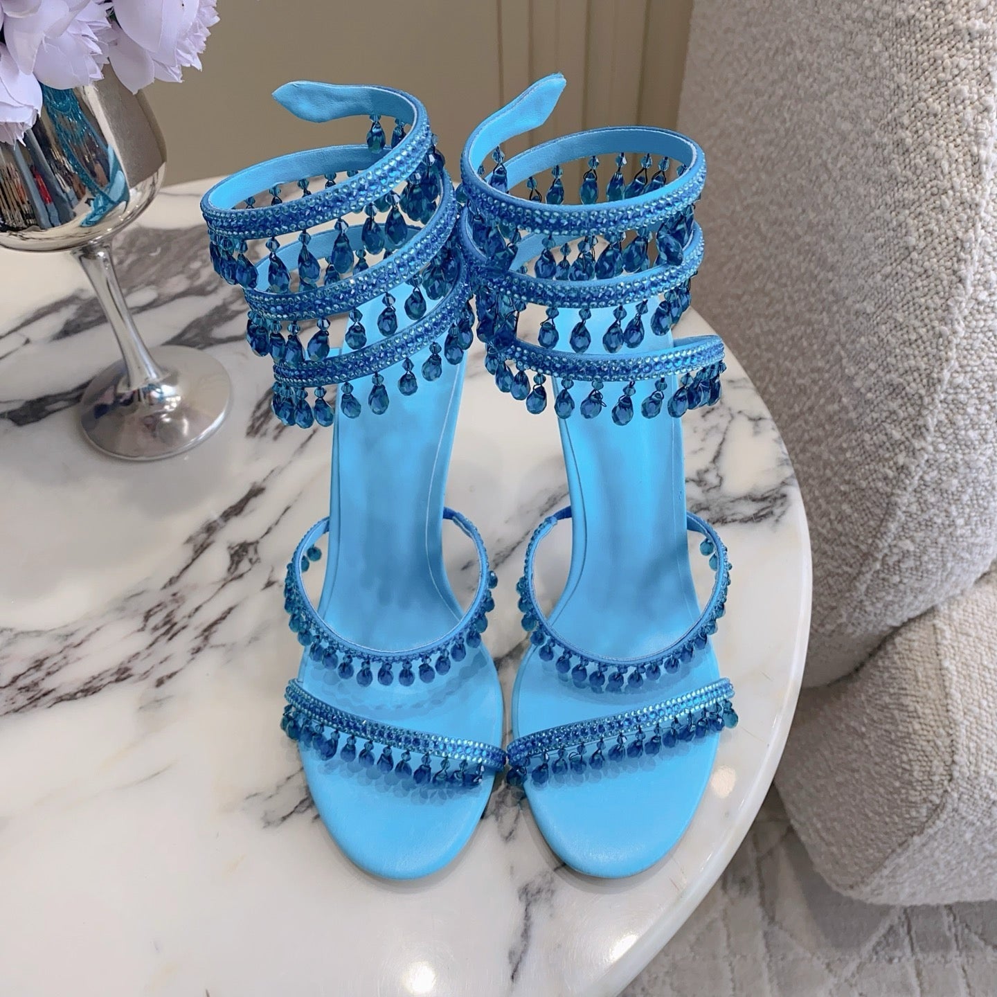 RENE CAOVILLA 26S CLEO HIGH HEELS SANDALS 95 MM IN BLUE LAMBSKIN