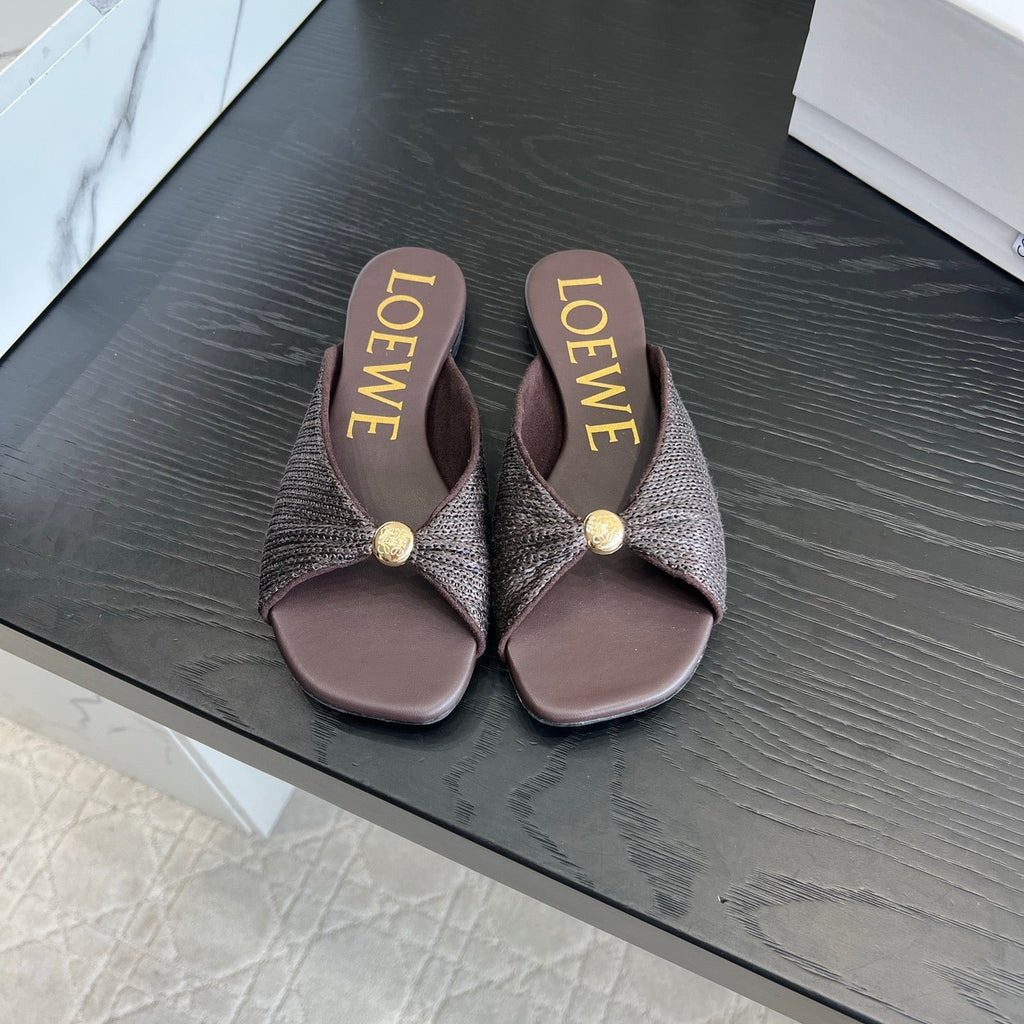 LOEWE 26S SANDALS IN DARK BROWN RAFFIA AND LAMBSKIN