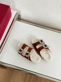 SLIDY VIV’ FUR STRASS BUCKLE MULES IN BROWN SUEDE AND CREAM SHEARLING INSOLE