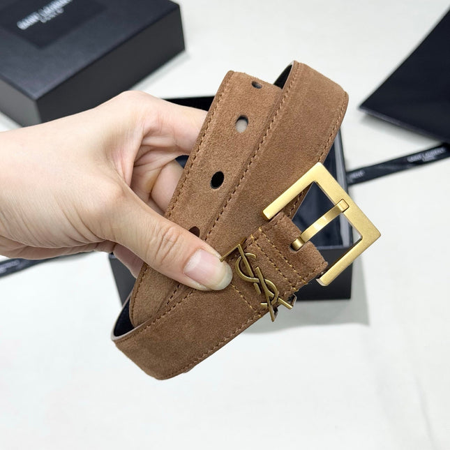 YSL 25S BELT 30 MM IN CARAMEL BROWN SUEDE 586761