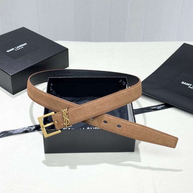 YSL 25S BELT 30 MM IN CARAMEL BROWN SUEDE 586761